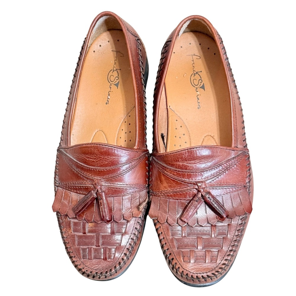 French Shriner Mens Milton Brown Leather Tassel Woven Basketweave‎ Loafers 9.5 M